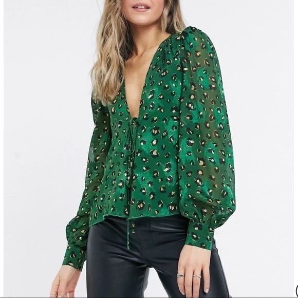 ASOS Never Fully Dressed Front Tie Balloon Sleeve Green Blouse - Picture 8 of 8